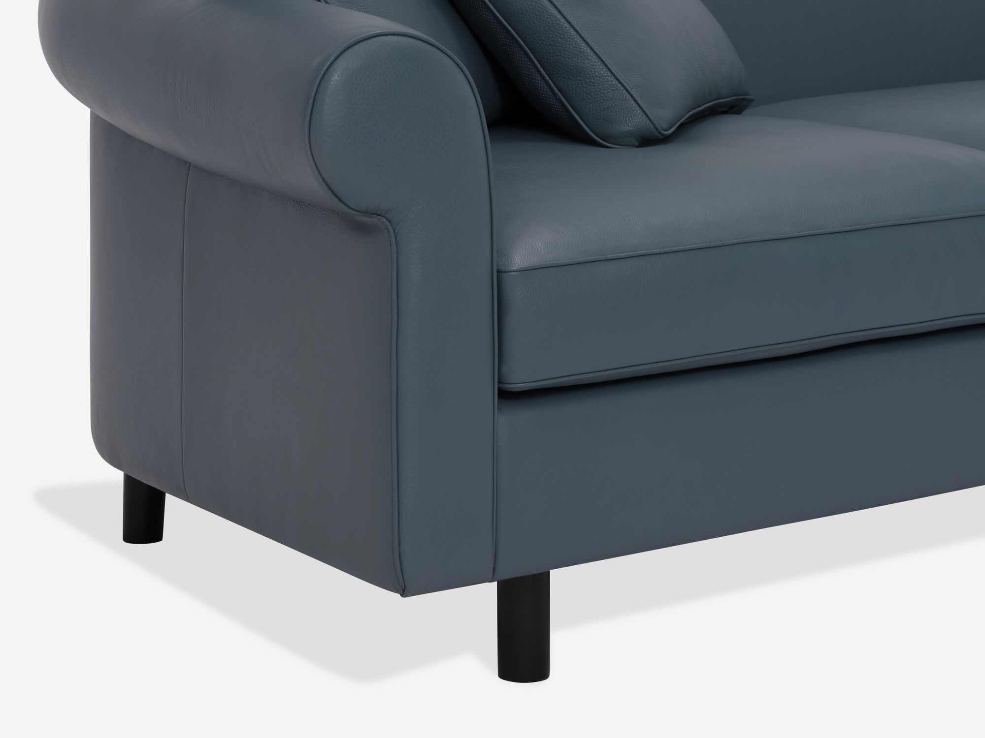 Blue leather sectional sofa front leg detail view